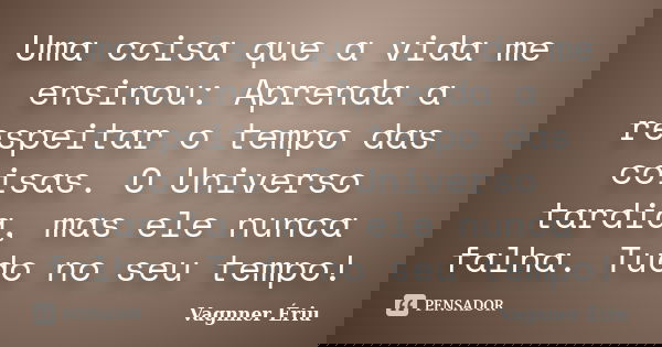 Uma coisa que a vida me ensinou: Aprenda a respeitar o tempo das coisas. O Universo tardia, mas ele nunca falha. Tudo no seu tempo!... Frase de Vagnner Ériu.