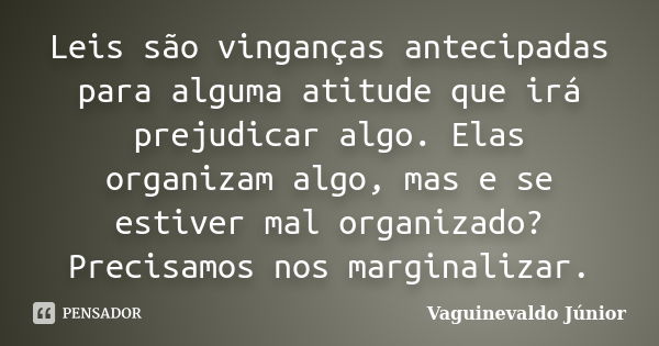 Leis são vinganças antecipadas para alguma atitude que irá prejudicar algo. Elas organizam algo, mas e se estiver mal organizado? Precisamos nos marginalizar.... Frase de Vaguinevaldo Júnior.