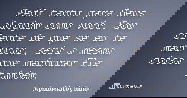 Pedi tanto para Deus alguém como você. Sou ciente de que se eu te machucar, será a mesma coisa que machucar Ele também.... Frase de Vaguinevaldo Júnior.