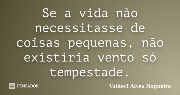 Se a vida não necessitasse de coisas pequenas, não existiria vento só tempestade.... Frase de Valdeci Alves Nogueira.