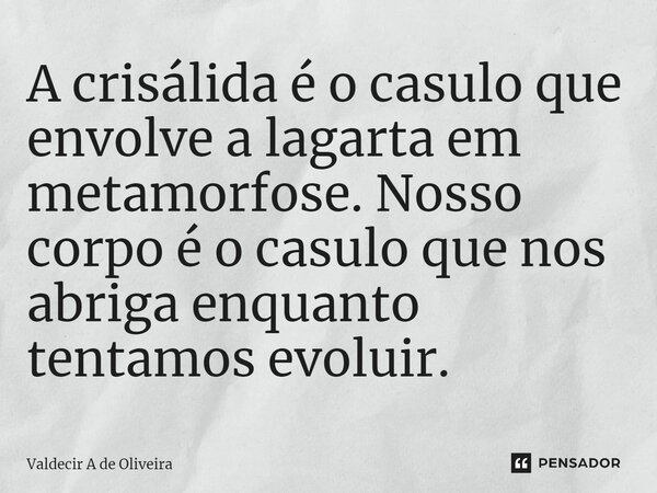 ⁠A crisálida é o casulo que envolve a lagarta em metamorfose. Nosso corpo é o casulo que nos abriga enquanto tentamos evoluir.... Frase de Valdecir A de Oliveira.