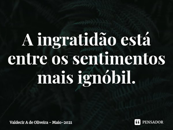 ⁠A ingratidão está entre os sentimentos mais ignóbil.... Frase de Valdecir A de Oliveira - Maio-2021.