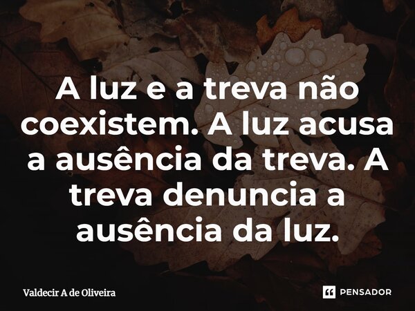 A luz e a treva não coexistem. A luz⁠ acusa a ausência da treva. A treva denuncia a ausência da luz.... Frase de Valdecir A de Oliveira.