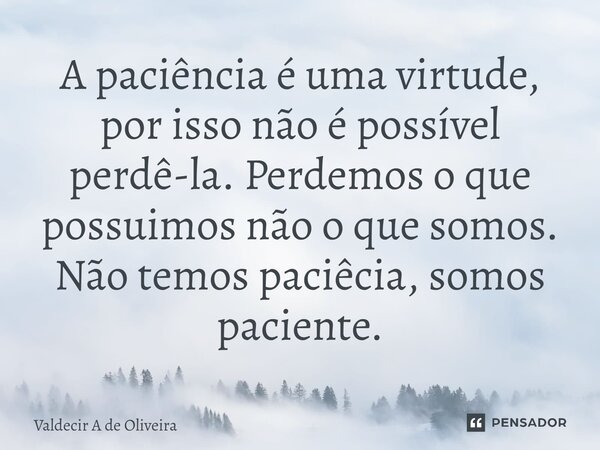 ⁠A paciência é uma virtude, por isso não é possível perdê-la. Perdemos o que possuimos não o que somos. Não temos paciêcia, somos paciente.... Frase de Valdecir A de Oliveira.