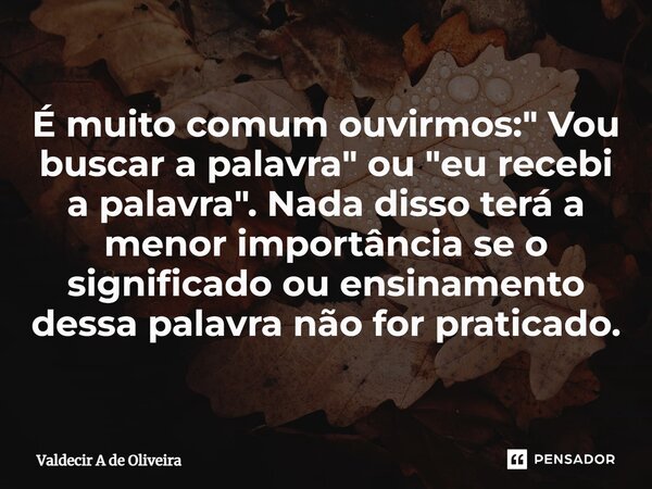 ⁠É muito comum ouvirmos: " Vou buscar a palavra" ou "eu recebi a palavra". Nada disso terá a menor importância se o significado ou ensinamen... Frase de Valdecir A de Oliveira.