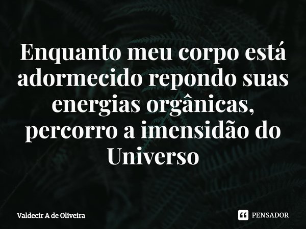 ⁠Enquanto meu corpo está adormecido repondo suas energias orgânicas, percorro a imensidão do Universo... Frase de Valdecir A de Oliveira.