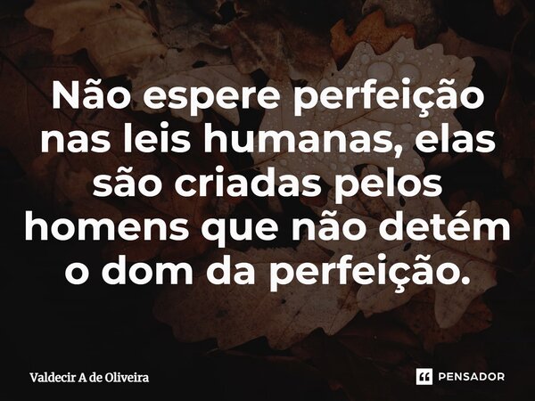 ⁠Não espere perfeição nas leis humanas, elas são criadas pelos homens que não detém o dom da perfeição.... Frase de Valdecir A de Oliveira.