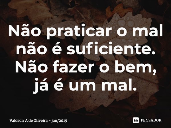 ⁠Não praticar o mal não é suficiente. Não fazer o bem, já é um mal.... Frase de Valdecir A de Oliveira - jan2019.