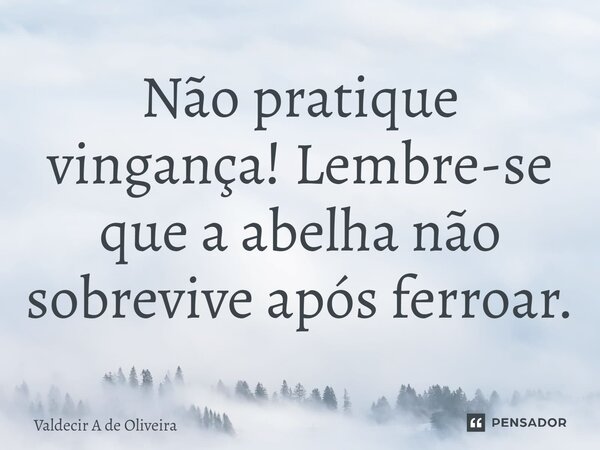 ⁠Não pratique vingança! Lembre-se que a abelha não sobrevive após ferroar.... Frase de Valdecir A de Oliveira.