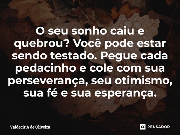 ⁠O seu sonho caiu e quebrou? Você pode estar sendo testado. Pegue cada pedacinho e cole com sua perseverança, seu otimismo, sua fé e sua esperança.... Frase de Valdecir A de Oliveira.