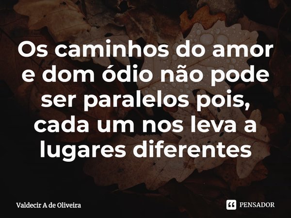 ⁠Os caminhos do amor e dom ódio não pode ser paralelos pois, cada um nos leva a lugares diferentes... Frase de Valdecir A de Oliveira.