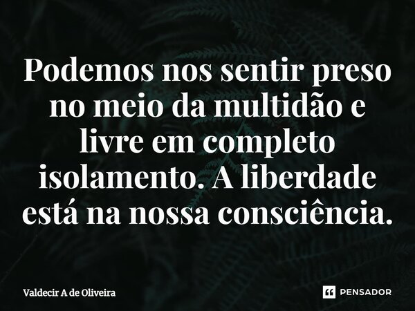 ⁠Podemos nos sentir preso no meio da multidão e livre em completo isolamento. A liberdade está na nossa consciência.... Frase de Valdecir A de Oliveira.