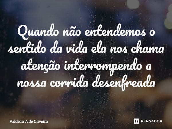 ⁠Quando não entendemos o sentido da vida ela nos chama atenção interrompendo a nossa corrida desenfreada... Frase de Valdecir A de Oliveira.
