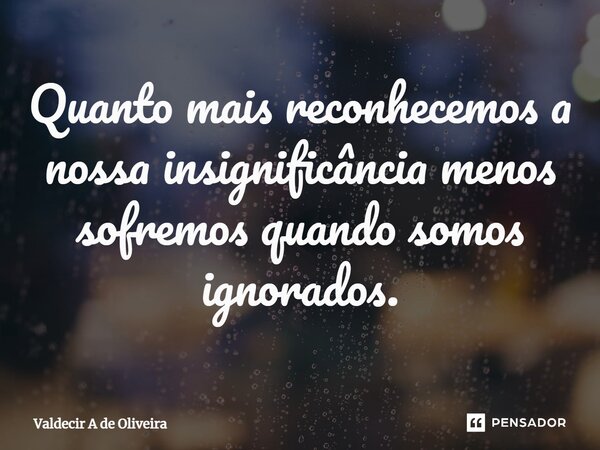 ⁠Quanto mais reconhecemos a nossa insignificância menos sofremos quando somos ignorados.... Frase de Valdecir A de Oliveira.