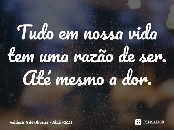 Tudo em nossa vida tem uma razão de ser. Até mesmo a dor.... Frase de Valdecir A de Oliveira - Abril-2021.