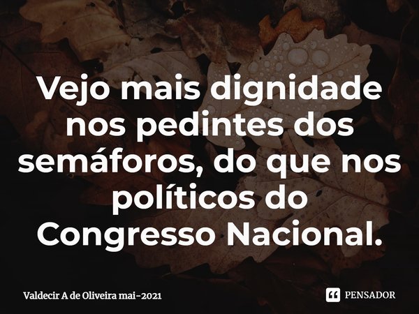 ⁠Vejo mais dignidade nos pedintes dos semáforos, do que nos políticos do Congresso Nacional.... Frase de Valdecir A de Oliveira mai-2021.