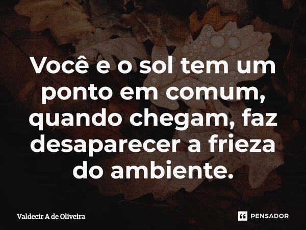 ⁠Você e o sol tem um ponto em comum, quando chegam, faz desaparecer a frieza do ambiente.... Frase de Valdecir A de Oliveira.