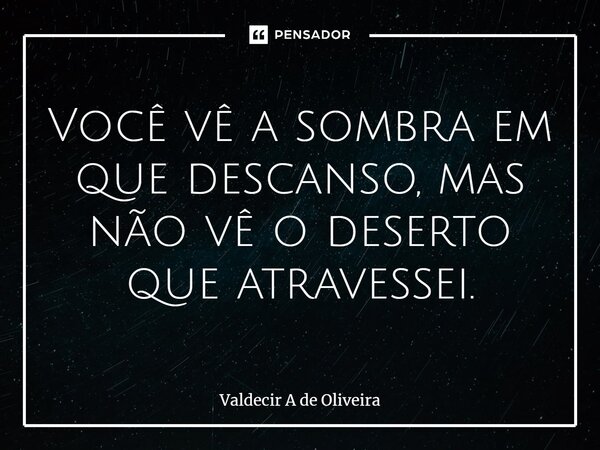 ⁠Você vê a sombra em que descanso, mas não vê o deserto que atravessei.... Frase de Valdecir A de Oliveira.
