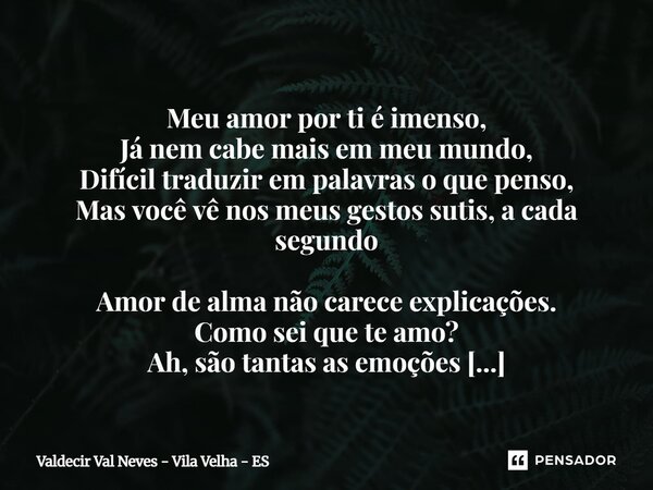  Meu amor por ti é imenso, Já nem cabe mais em meu mundo, Difícil traduzir em palavras o que penso, Mas você vê nos meus gestos sutis, a cada segundo Amor de ... Frase de Valdecir Val Neves - Vila Velha - ES.