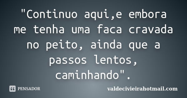 "Continuo aqui,e embora me tenha uma faca cravada no peito, ainda que a passos lentos, caminhando".... Frase de valdecivieirahotmail.com.