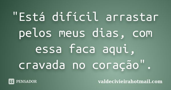 "Está difícil arrastar pelos meus dias, com essa faca aqui, cravada no coração".... Frase de valdecivieirahotmail.com.