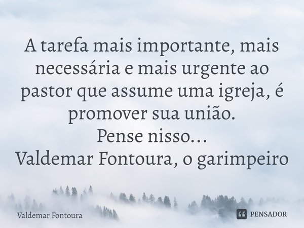 ⁠A tarefa mais importante, mais necessária e mais urgente ao pastor que assume uma igreja, é promover sua união. Pense nisso... Valdemar Fontoura, o garimpeiro... Frase de Valdemar Fontoura.