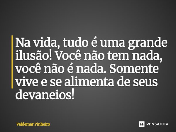 ⁠Na vida, tudo é uma grande ilusão! Você não tem nada, você não é nada. Somente vive e se alimenta de seus devaneios!... Frase de valdemar pinheiro.