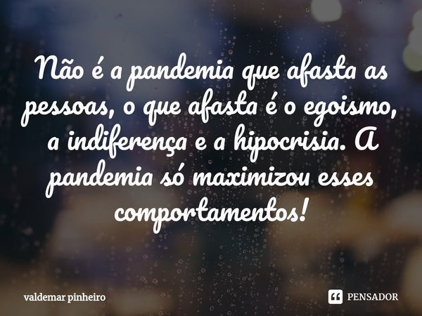 ⁠Não é a pandemia que afasta as pessoas, o que afasta é o egoismo, a indiferença e a hipocrisia. A pandemia só maximizou esses comportamentos!... Frase de valdemar pinheiro.