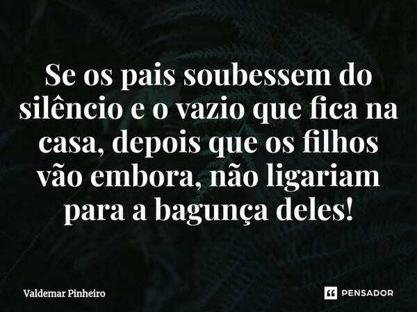 ⁠Se os pais soubessem do silêncio e o vazio que fica na casa, depois que os filhos vão embora, não ligariam para a bagunça deles!... Frase de valdemar pinheiro.