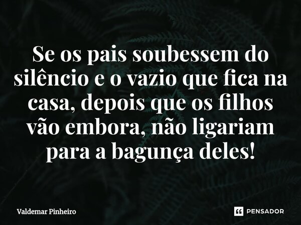 ⁠Se os pais soubessem do silêncio e o vazio que fica na casa, depois que os filhos vão embora, não ligariam para a bagunça deles!... Frase de valdemar pinheiro.