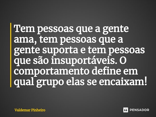 ⁠Tem pessoas que a gente ama, tem pessoas que a gente suporta e tem pessoas que são insuportáveis. O comportamento define em qual grupo elas se encaixam!... Frase de valdemar pinheiro.