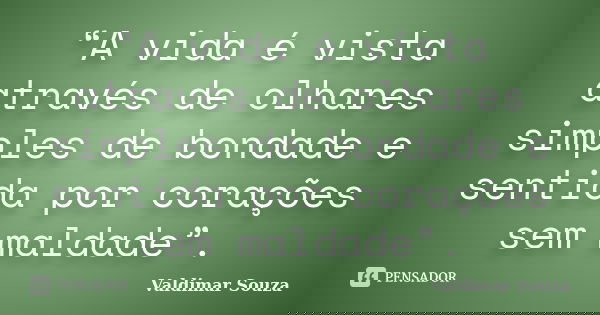 “A vida é vista através de olhares simples de bondade e sentida por corações sem maldade”.... Frase de Valdimar Souza.