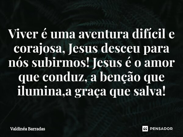 ⁠Viver é uma aventura difícil e corajosa, Jesus desceu para nós subirmos! Jesus é o amor que conduz, a benção que ilumina,a graça que salva!... Frase de Valdinéa Barradas.