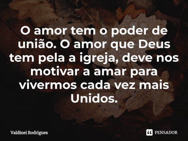 ⁠O amor tem o poder de união. O amor que Deus tem pela a igreja, deve nos motivar a amar para vivermos cada vez mais Unidos.... Frase de Valdinei Rodrigues.