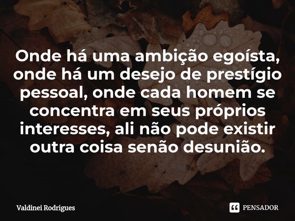 ⁠Onde há uma ambição egoísta, onde há um desejo de prestígio pessoal, onde cada homem se concentra em seus próprios interesses, ali não pode existir outra coisa... Frase de Valdinei Rodrigues.