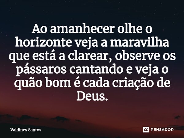 ⁠Ao amanhecer olhe o horizonte veja a maravilha que está a clarear, observe ⁠os pássaros cantando e veja o quão bom é cada criação de Deus.... Frase de Valdiney Santos.