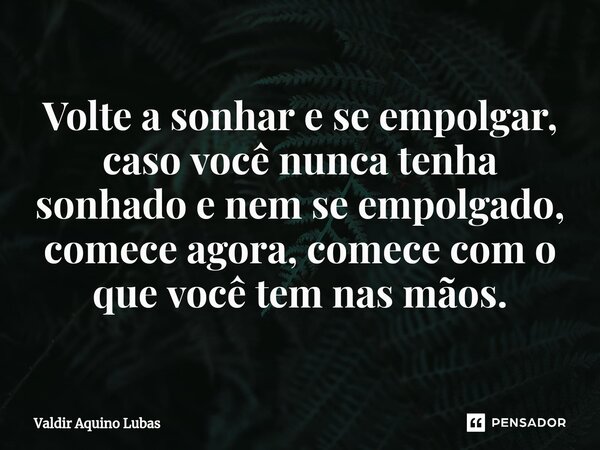 Volte a sonhar e se empolgar, caso você nunca tenha sonhado e nem se empolgado, comece agora, comece com o que você tem nas mãos.... Frase de Valdir Aquino Lubas.