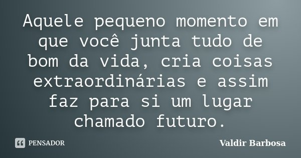 Aquele pequeno momento em que você junta tudo de bom da vida, cria coisas extraordinárias e assim faz para si um lugar chamado futuro.... Frase de Valdir Barbosa.