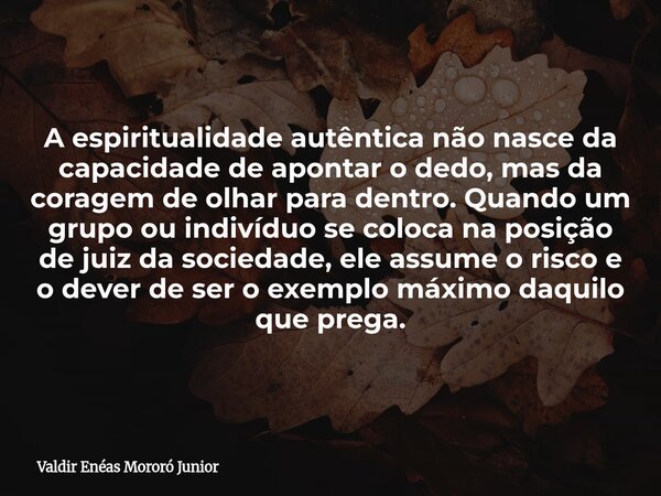 A espiritualidade autêntica não nasce da capacidade de apontar o dedo, mas da coragem de olhar para dentro. Quando um grupo ou indivíduo se coloca na posição de... Frase de Valdir Enéas Mororó Junior.