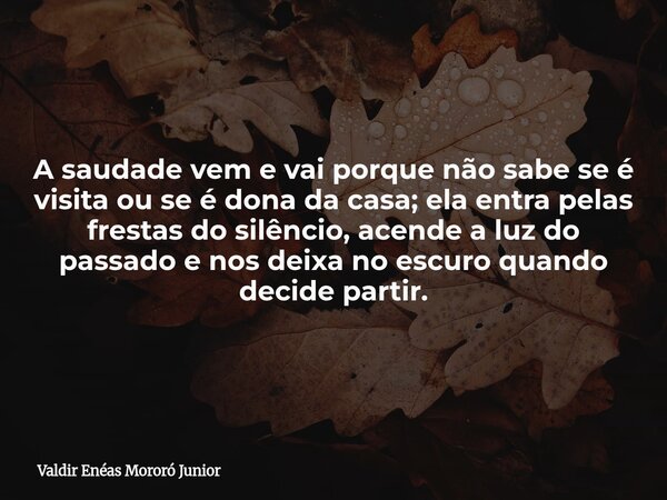 A saudade vem e vai porque não sabe se é visita ou se é dona da casa; ela entra pelas frestas do silêncio, acende a luz do passado e nos deixa no escuro quando ... Frase de Valdir Enéas Mororó Junior.