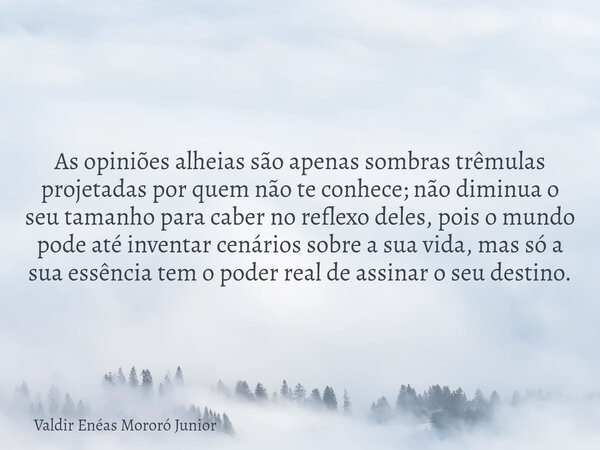 As opiniões alheias são apenas sombras trêmulas projetadas por quem não te conhece; não diminua o seu tamanho para caber no reflexo deles, pois o mundo pode até... Frase de Valdir Enéas Mororó Junior.