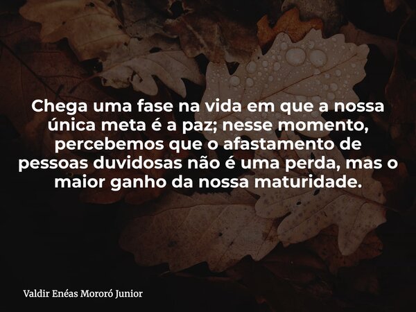 Chega uma fase na vida em que a nossa única meta é a paz; nesse momento, percebemos que o afastamento de pessoas duvidosas não é uma perda, mas o maior ganho da... Frase de Valdir Enéas Mororó Junior.