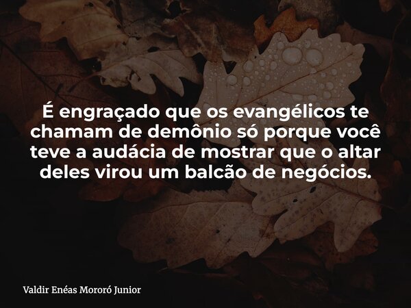 É engraçado que os evangélicos te chamam de demônio só porque você teve a audácia de mostrar que o altar deles virou um balcão de negócios.... Frase de Valdir Enéas Mororó Junior.