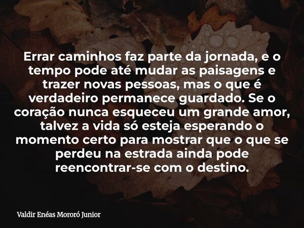 Errar caminhos faz parte da jornada, e o tempo pode até mudar as paisagens e trazer novas pessoas, mas o que é verdadeiro permanece guardado. Se o coração nunca... Frase de Valdir Enéas Mororó Junior.