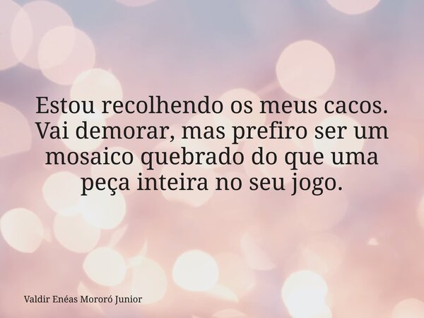 Estou recolhendo os meus cacos. Vai demorar, mas prefiro ser um mosaico quebrado do que uma peça inteira no seu jogo.... Frase de Valdir Enéas Mororó Junior.