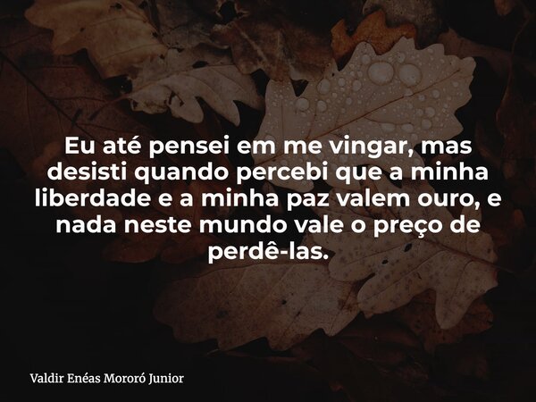 Eu até pensei em me vingar, mas desisti quando percebi que a minha liberdade e a minha paz valem ouro, e nada neste mundo vale o preço de perdê-las.... Frase de Valdir Enéas Mororó Junior.
