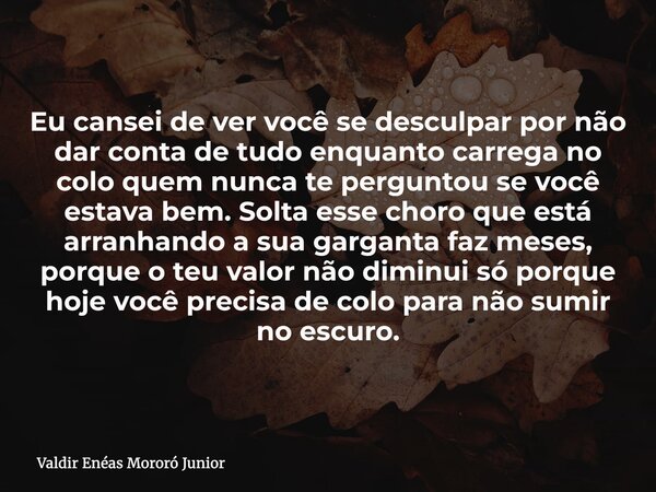 Eu cansei de ver você se desculpar por não dar conta de tudo enquanto carrega no colo quem nunca te perguntou se você estava bem. Solta esse choro que está arra... Frase de Valdir Enéas Mororó Junior.