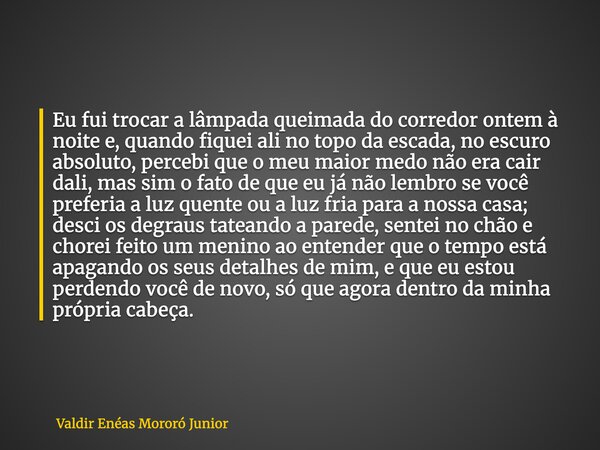 Eu fui trocar a lâmpada queimada do corredor ontem à noite e, quando fiquei ali no topo da escada, no escuro absoluto, percebi que o meu maior medo não era cair... Frase de Valdir Enéas Mororó Junior.