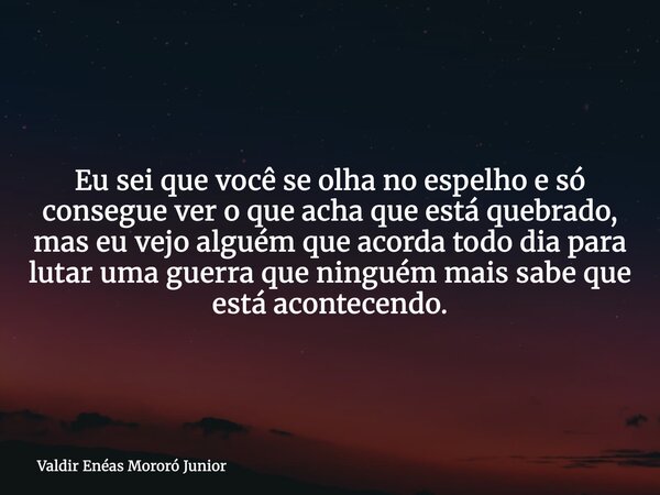 Eu sei que você se olha no espelho e só consegue ver o que acha que está quebrado, mas eu vejo alguém que acorda todo dia para lutar uma guerra que ninguém mais... Frase de Valdir Enéas Mororó Junior.