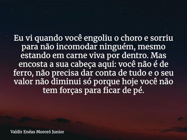 Eu vi quando você engoliu o choro e sorriu para não incomodar ninguém, mesmo estando em carne viva por dentro. Mas encosta a sua cabeça aqui: você não é de ferr... Frase de Valdir Enéas Mororó Junior.